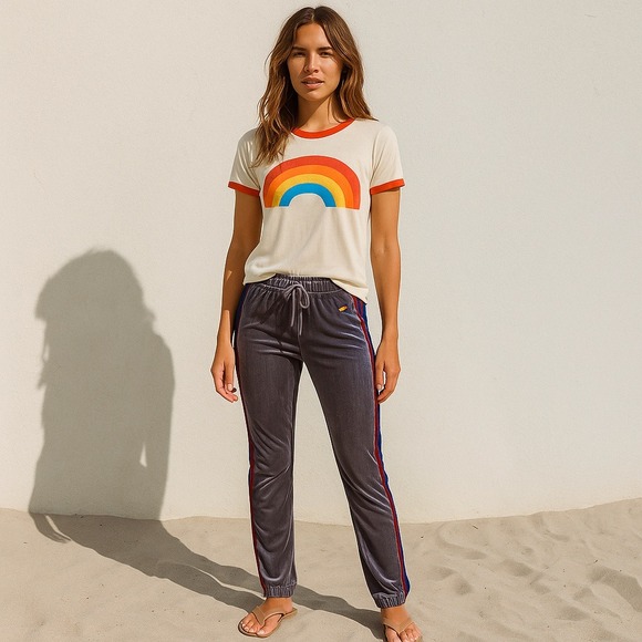 Aviator Nation Velvet Jogger Pants Womens XS Gray Rainbow Stripe Surf Venice CA - Picture 1 of 9